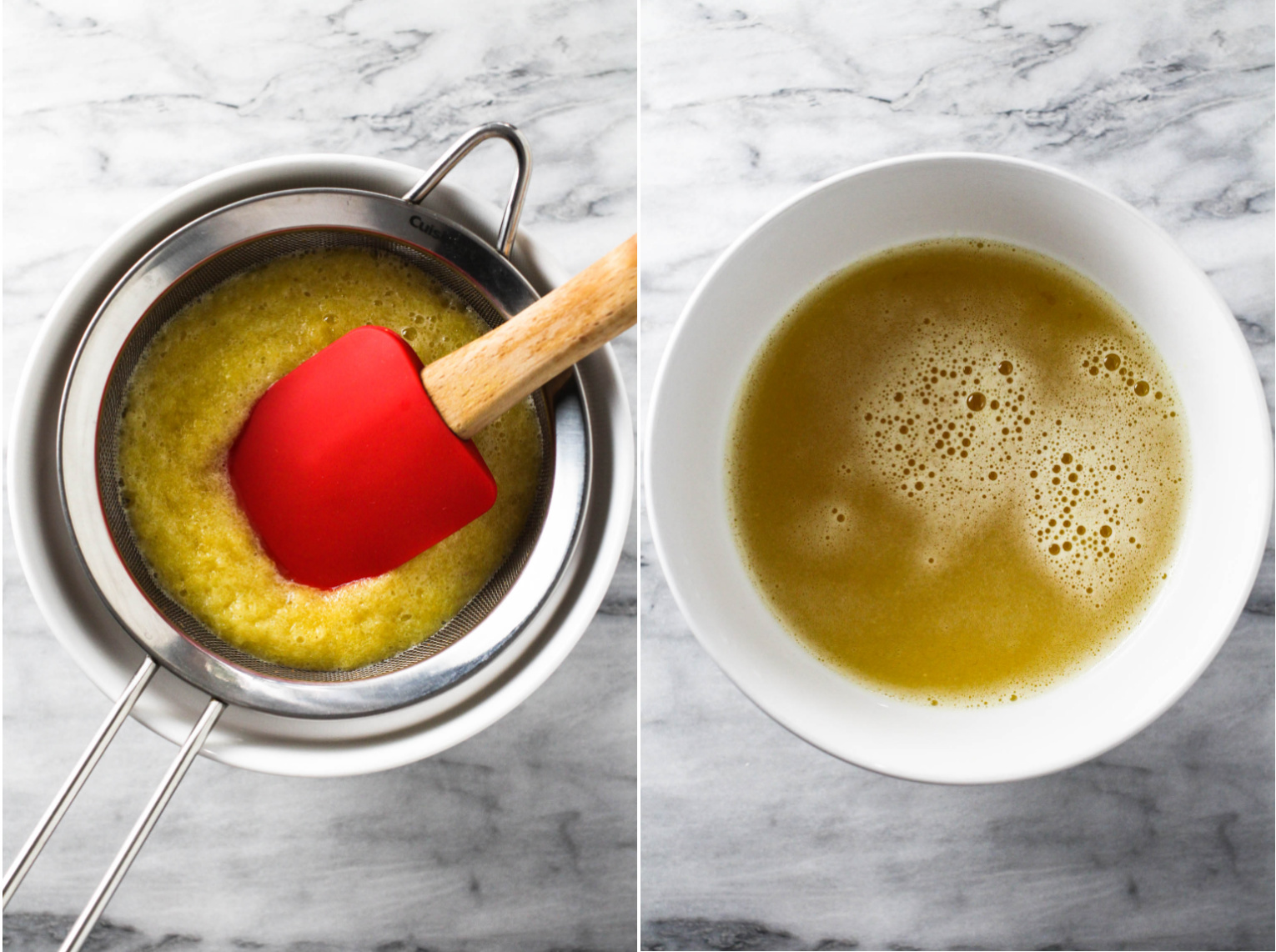 Two side-by-side images, on the left, an image of pineapple puree in a mesh strainer over a bowl. The puree is being pushed with a rubber spatula. On the right, an image of pineapple juice in a bowl.