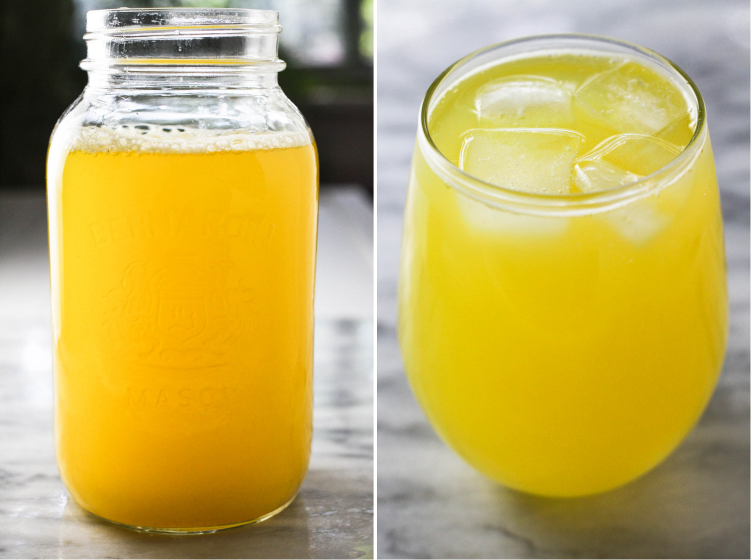 Two side-by-side images. On the left, a Mason jar with pineapple water. On the right, a glass of pineapple water with ice.