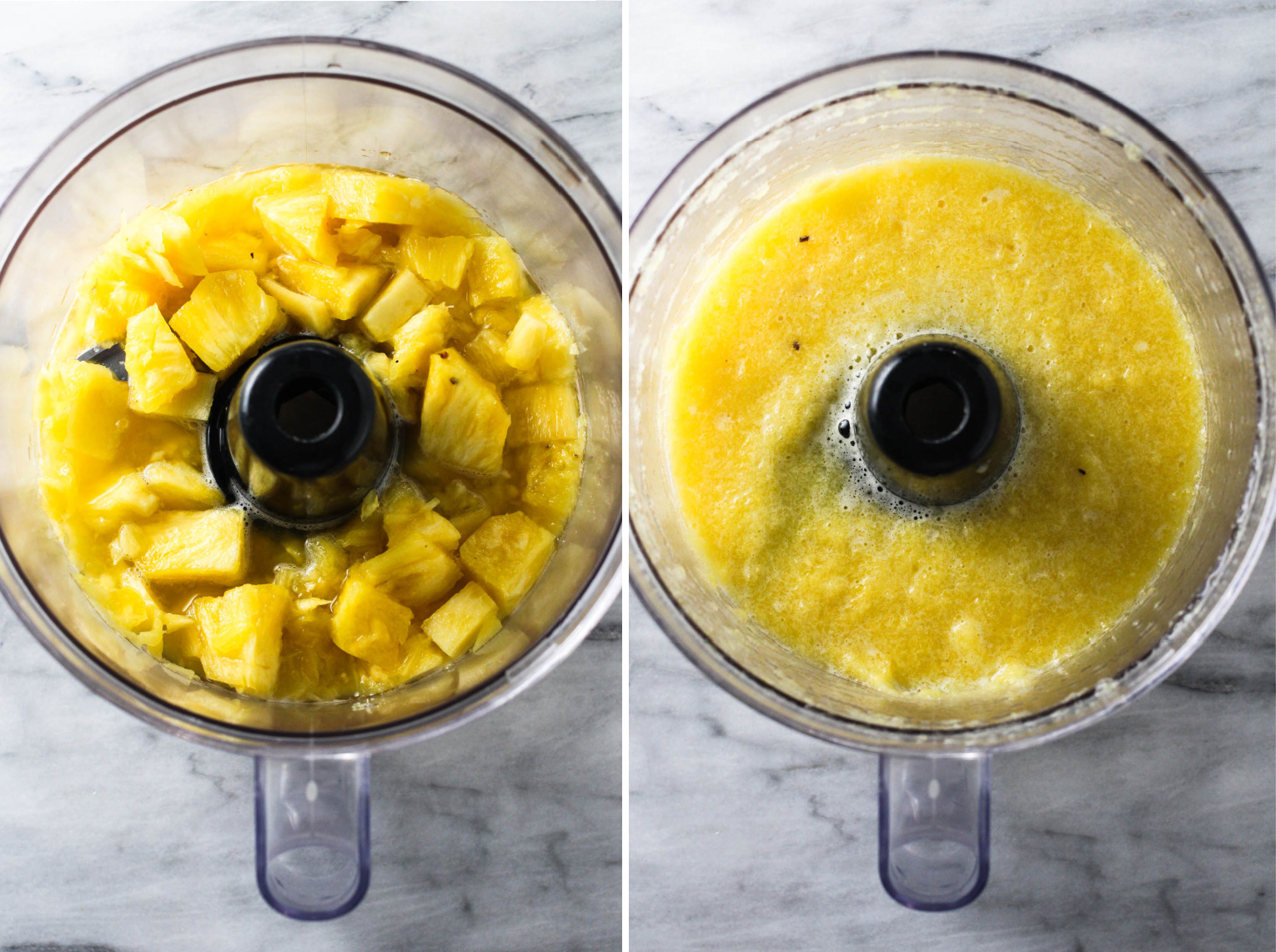 Two side-by-side images. On the left, an image of chopped pineapple inside a blender bowl. On the right, an image of pineapple puree inside a blender bowl.