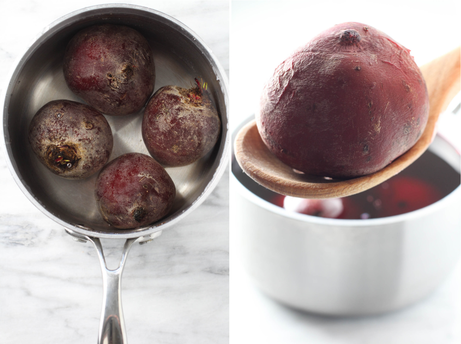 Two side-by-side images. On the left image, 4 beets in a saucepan. On the right image, a cooked beet on a wooden spoon.