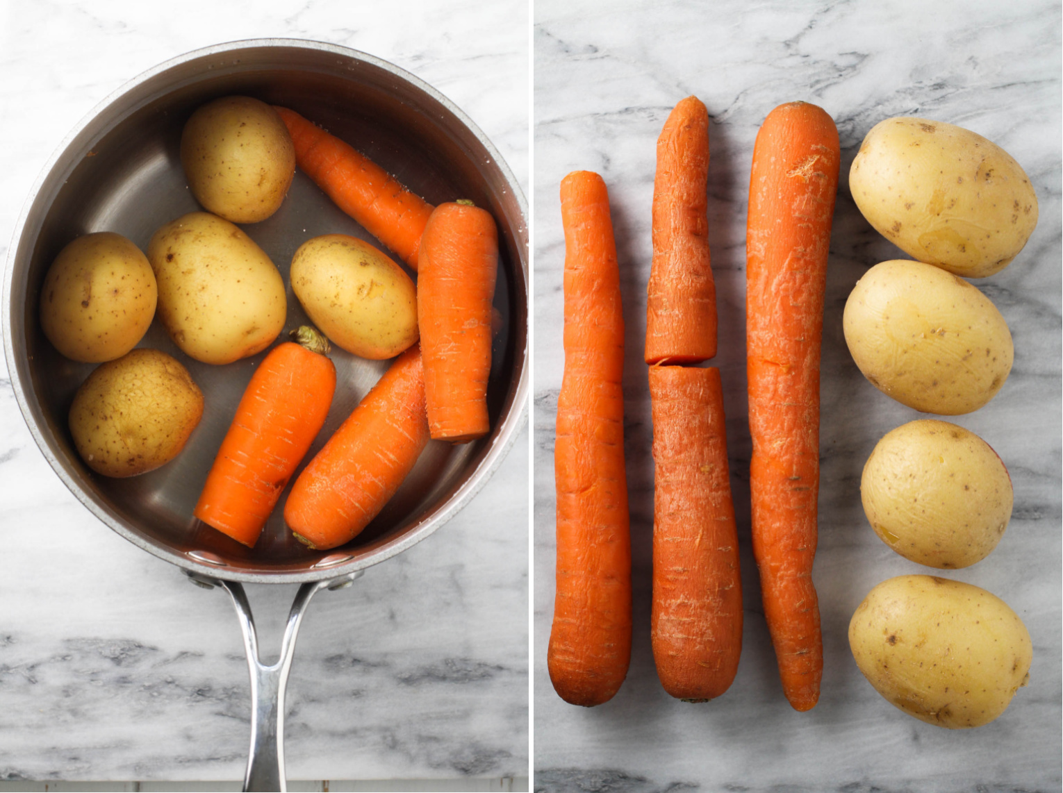 Two side-by-side images. On the left image, potatoes and carrots with water in a pot. On the right image, cooked potatoes and carrots.