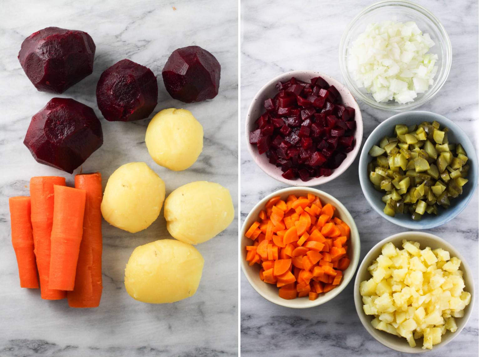 Two side-by-side images. On the left image, cooked and peeled beets, potatoes, and carrots. On the right, diced beets, potatoes, carrots, pickles, and onions, in small bowls.
