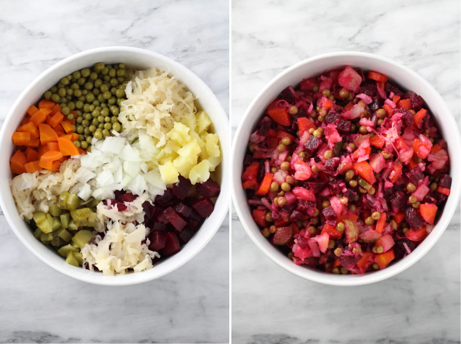 Two side-by-side images. On the left, overhead shot of all the ingredients in a bowl. On the right, tossed ingredients in a bowl.