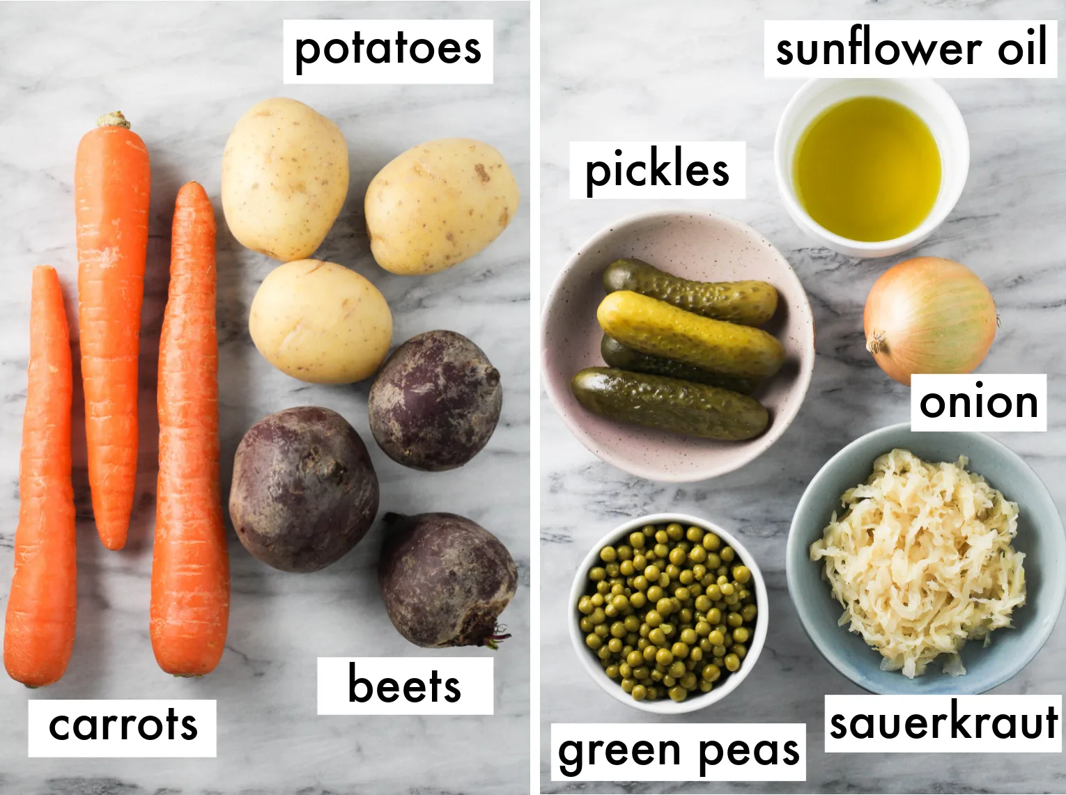Two side-by-side images of the ingredients labeled as followes: potatoes, carrots, beets, pickles, sunflower oil, onion, green peas, sauerkraut.