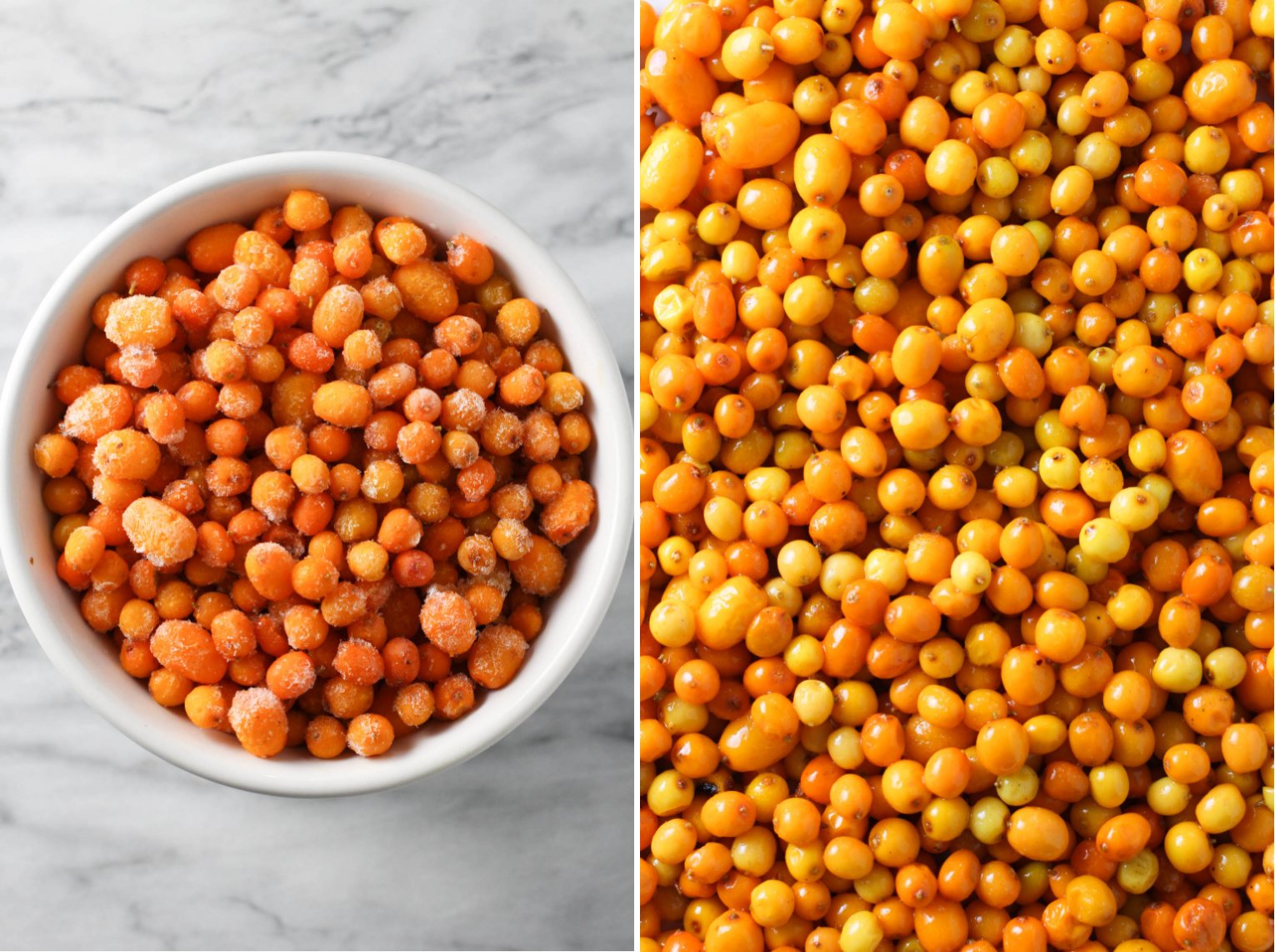 Two images side-by-side. On the left image, there is a bowl with frozen sea buckthorm berries. On the right image, a close up shot of sea buckthorn berries.