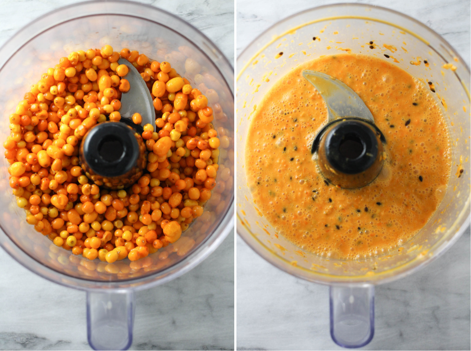 Two side-by-side images. On the left image, sea buckthorn berries in a bowl of food processor. On the right image, pureed sea buckthorn berries in a bowl of food processor.