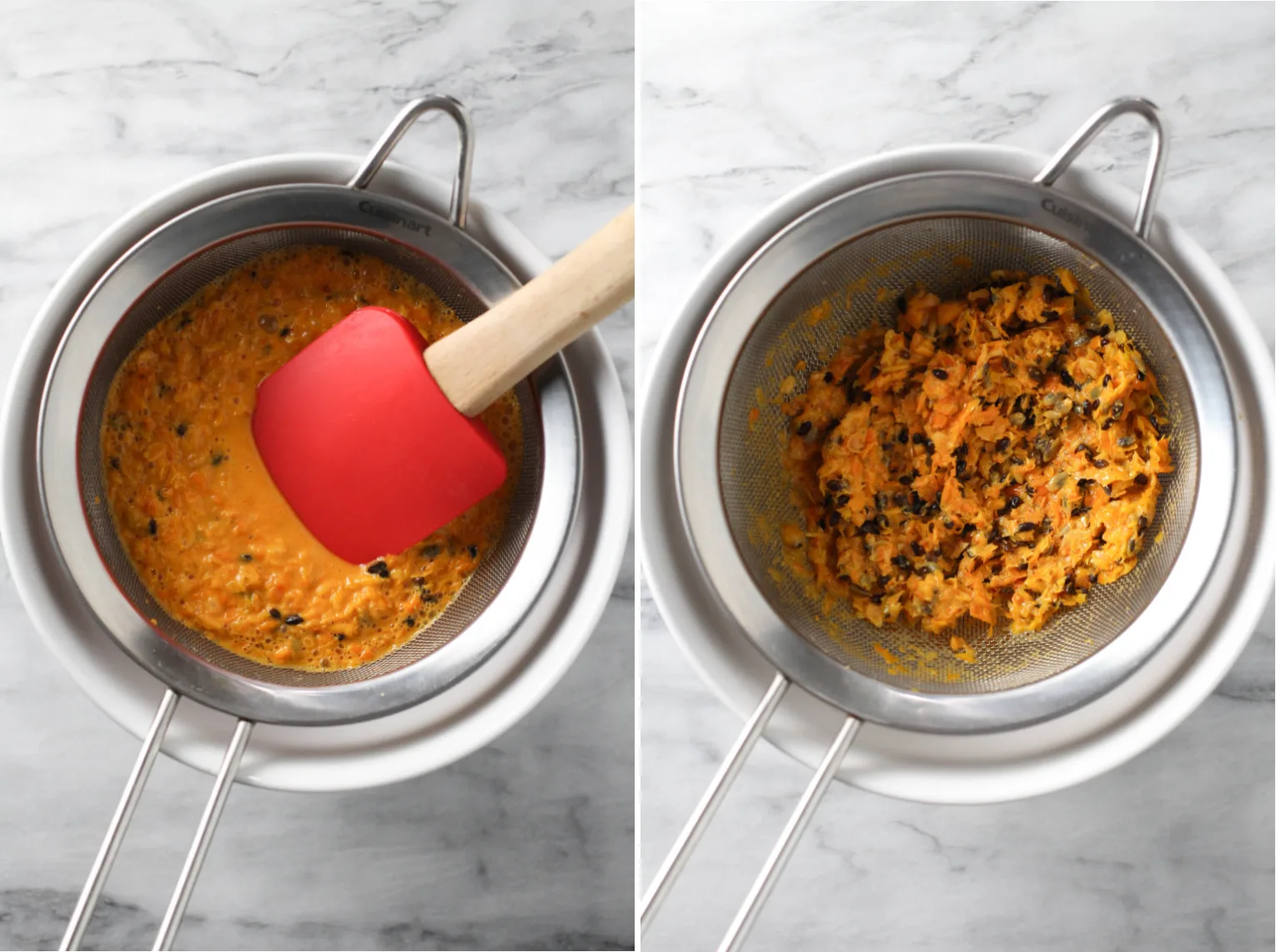 Two side-by-side images. On the left, pureed sea bbuckthorn in a fine mesh strainer placed over a bowl. A rubber spatula in the puree. On the right image, pulp from the puree in a fine mesh strainer placed over a bowl.