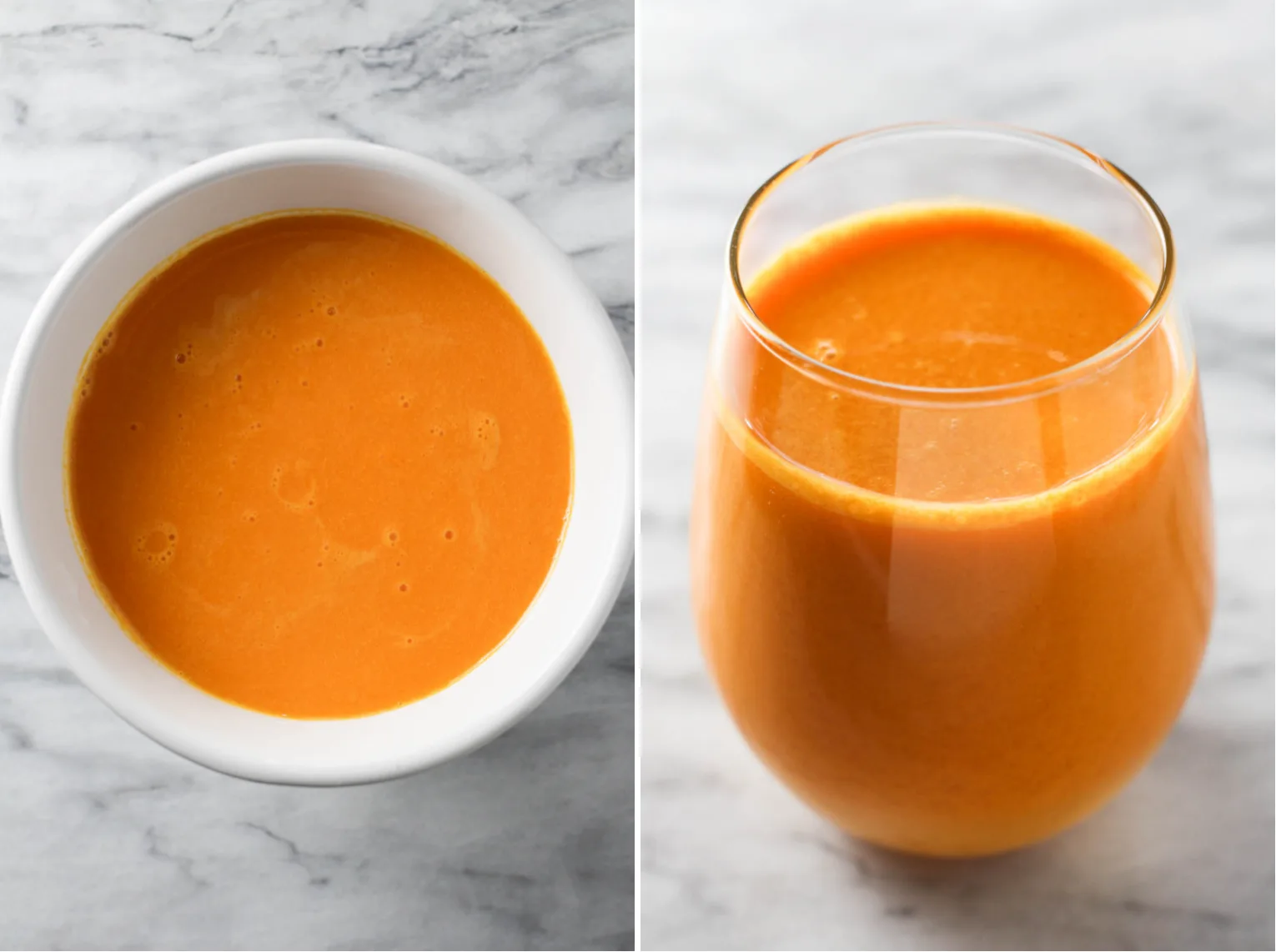 Two side-by-side images. On the left image, sea buckthorn juice in a white bowl. On the right image, sea buckthorn juice in a glass.