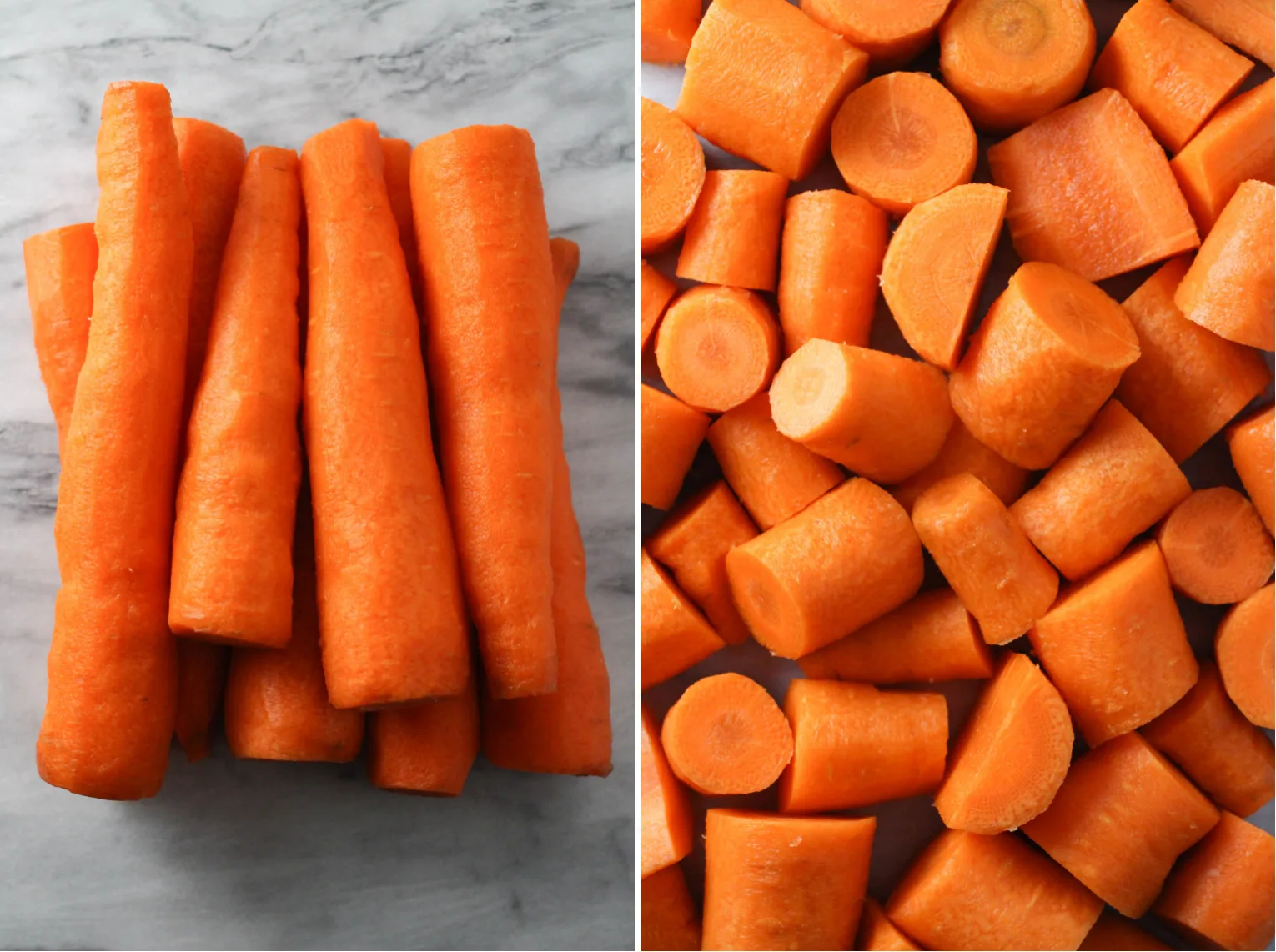 Collage of two images side-by-side. On the left, there is an image of peeled carrots on marble background. On the right, an image of carrot slices.