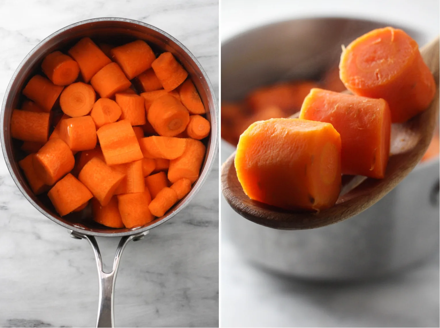 Collage of two images side-by-side. On the left, there is an image of carrot slices in a pot. On the right, cooked image slices on a wooden spoon.