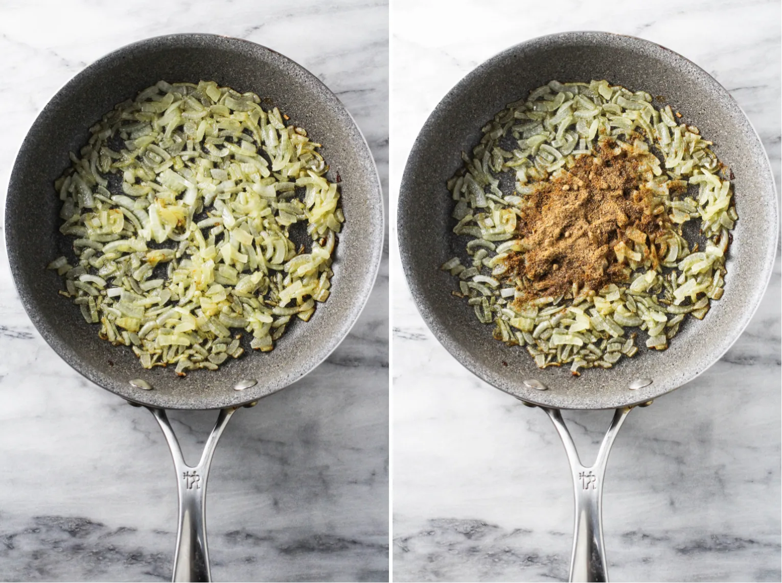 Collage of two images side-by-side. On the left, there is an overhead shot of onions in a pan. On the right, an overhead shot of onions and spices in a pan.
