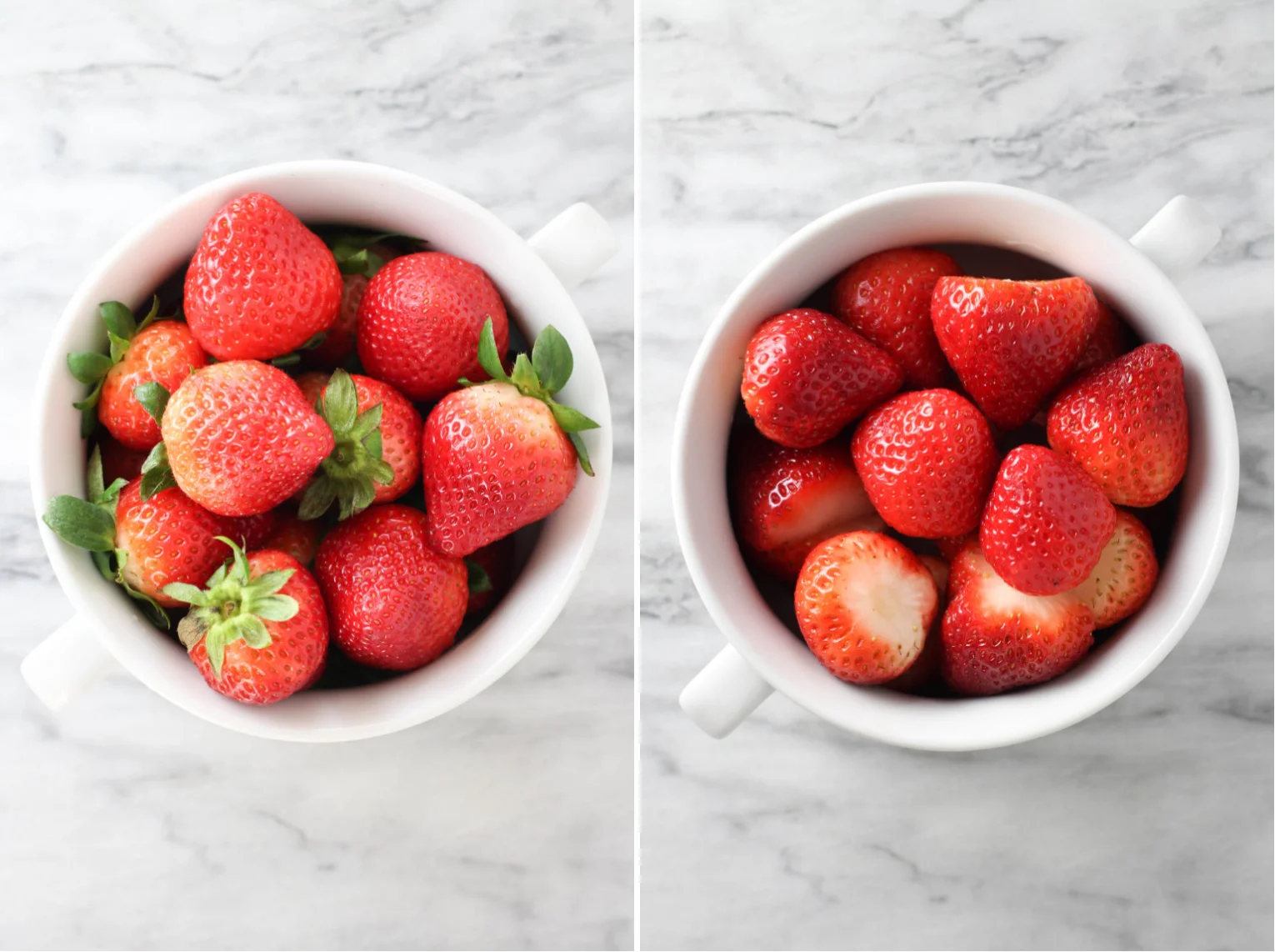 Two side-by-side images. On the left image, a bowl of fresh strawberries. On the right image, a bowl of hulled strawberries.