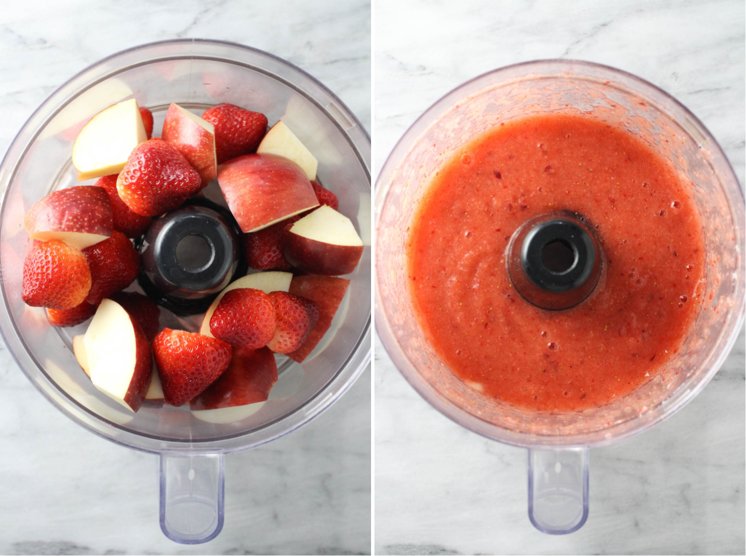 Two side-by-side images. On the left image, strawberries and apple slices in a bowl of food processor. On the right image, pureed stawberries and apples.