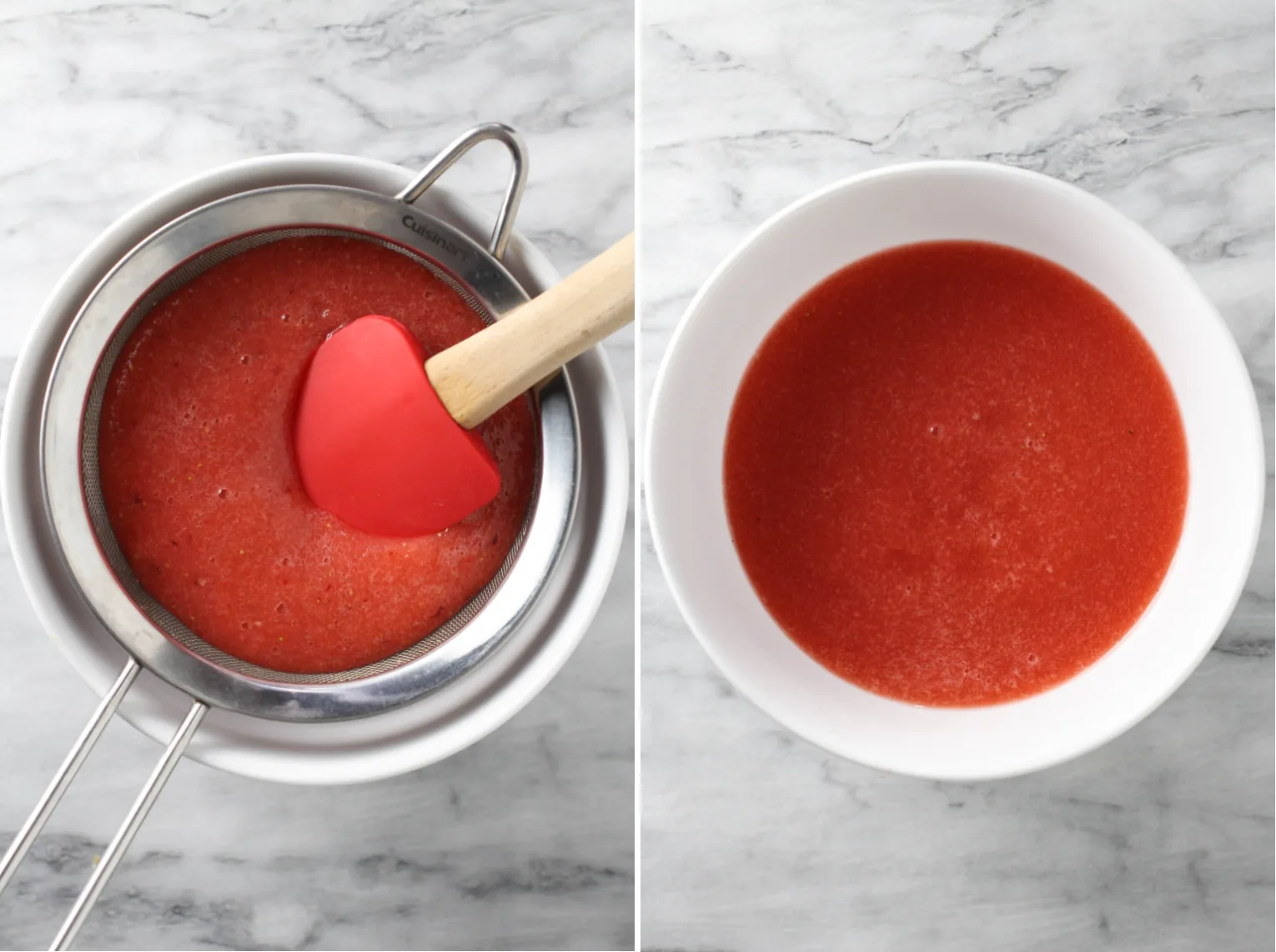 Two side-by-side images. On the left image, strawberry puree in a fine mesh sieve placed over a bowl. On the right image, strained strawberry juice in a bowl.