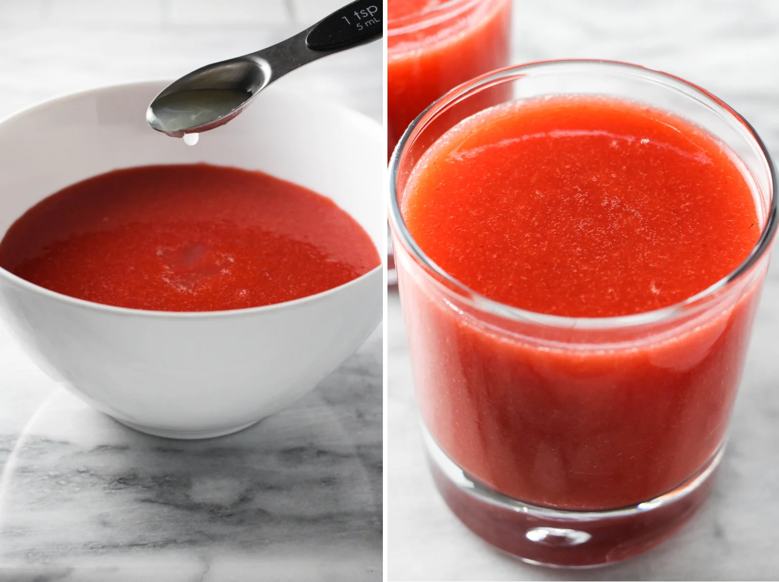 Two side-by-side images. On the left image, lime juice being added to the strawberry juice in a bowl. On the right image, strawberry juice in a glass.