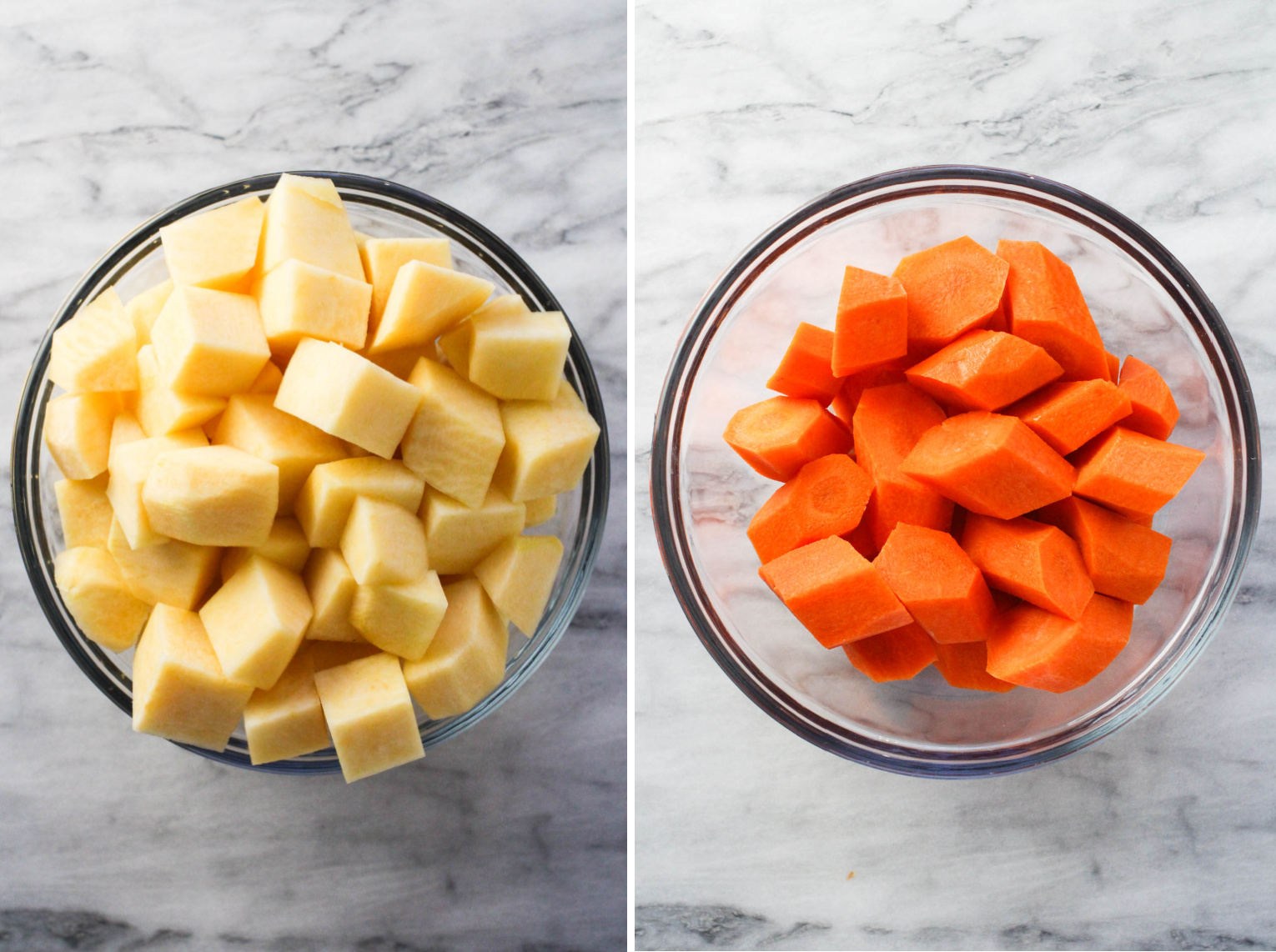 Two images side-by-side. On the left image, swede slices in a bowl. On the right image, carrot sliced in a bowl.