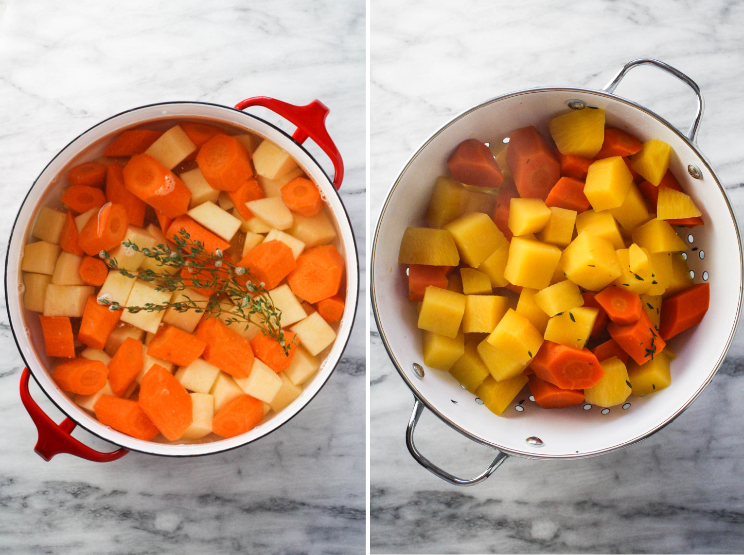Two images side-by-side. On the left image, swede, carrots and thyme in a pot. On the right image, cooked swede and carrots in a collander.