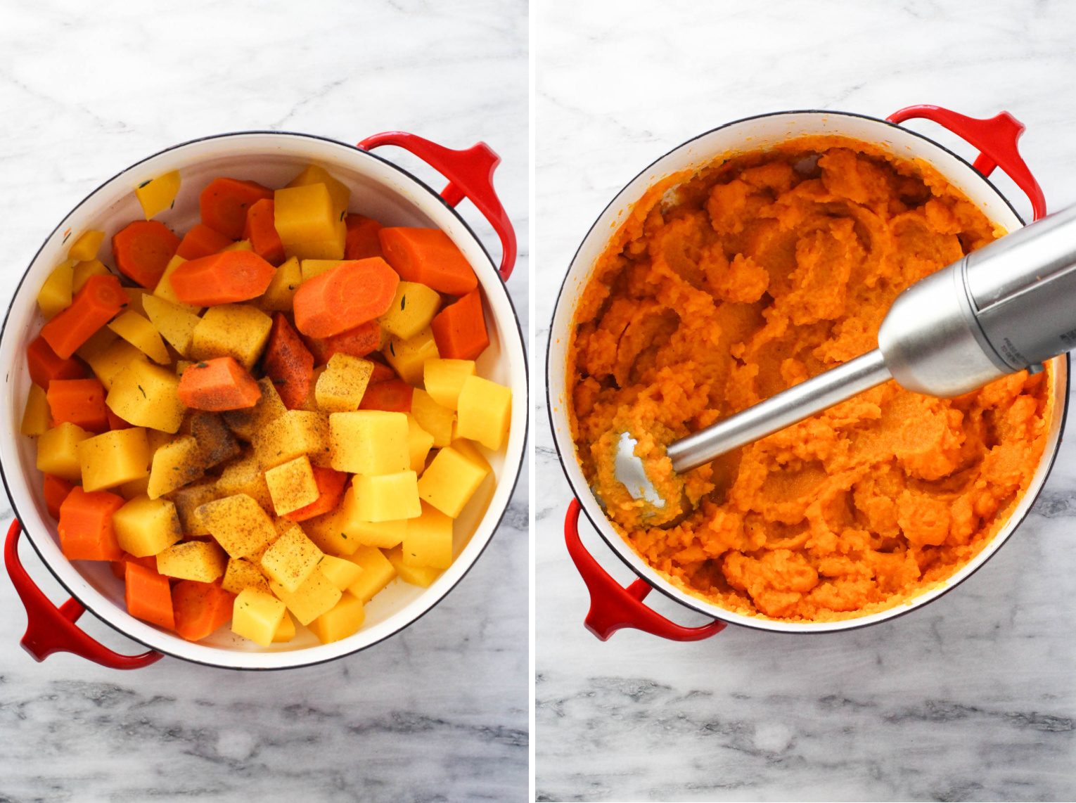 Two images side-by-side. On the left image, cooked swede and carrots in a pot. On the right image, carrots and swede being pureed with an immersion blender.