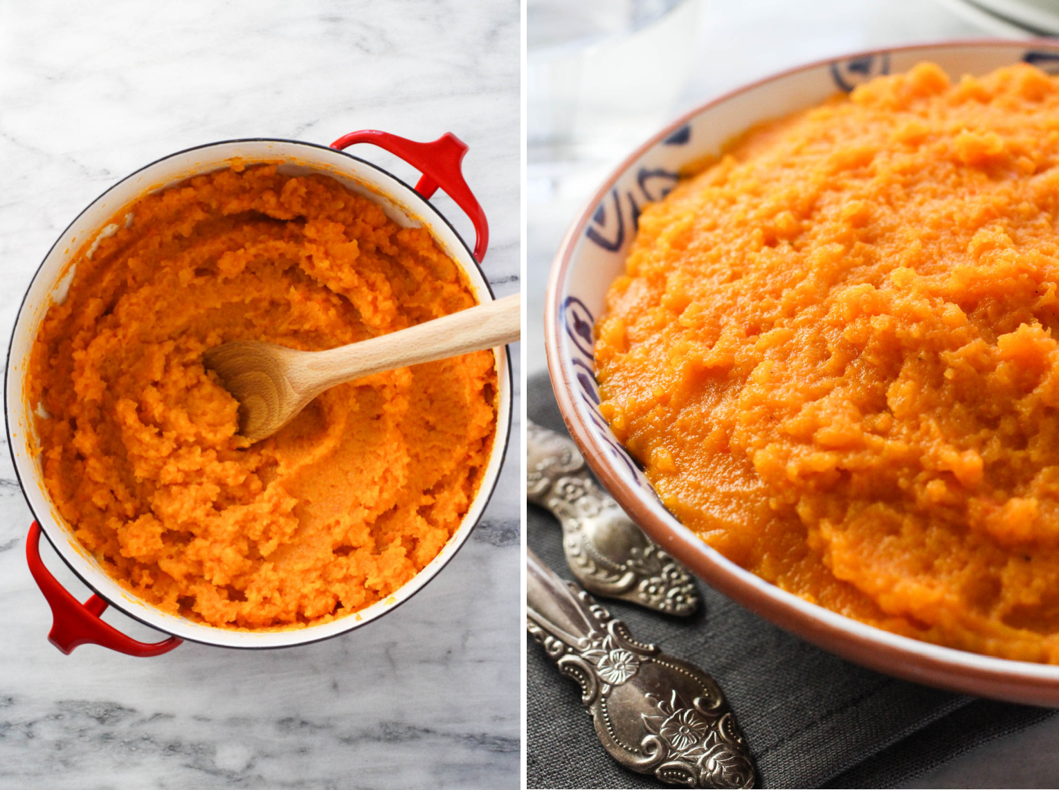 Two images side-by-side. On the left image, carrot and swede mash in a pot with a wooden spoon in the mash. On the right image, the mash in a bowl.