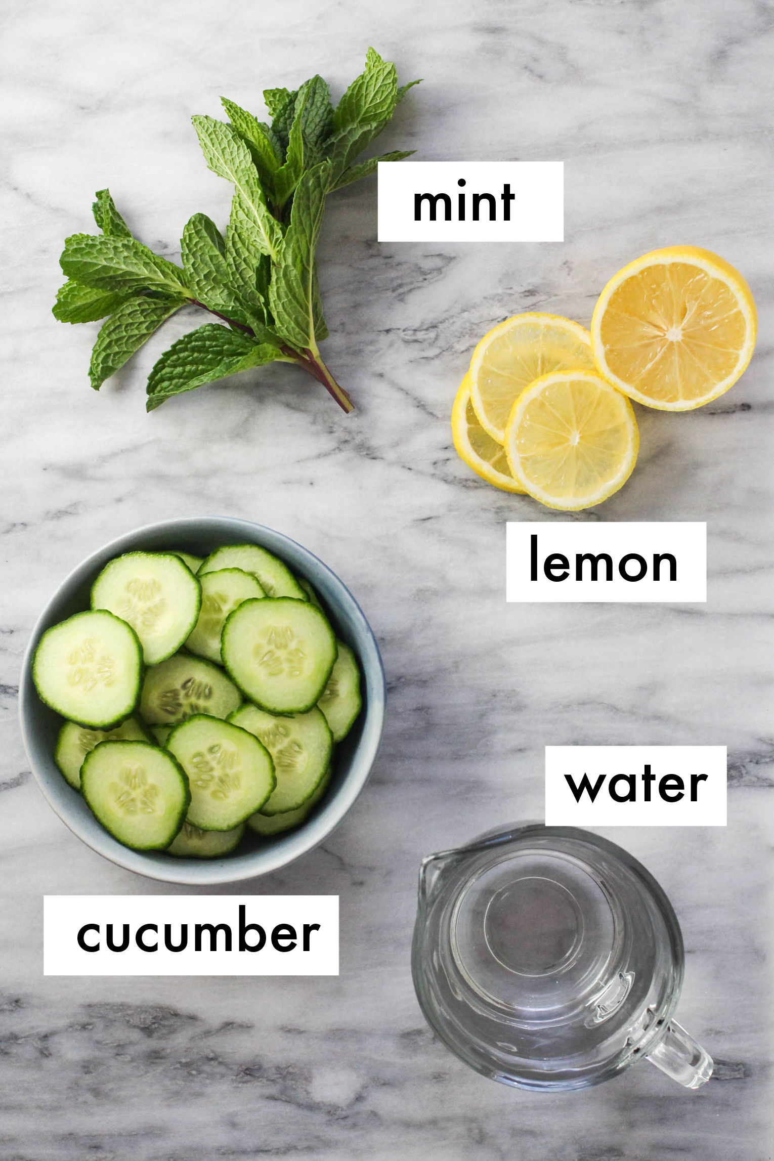 Ingredients for cucumber lemon mint infused water on marble background. The ingredients are labeled as follows: mint, lemon, cucumber, water.