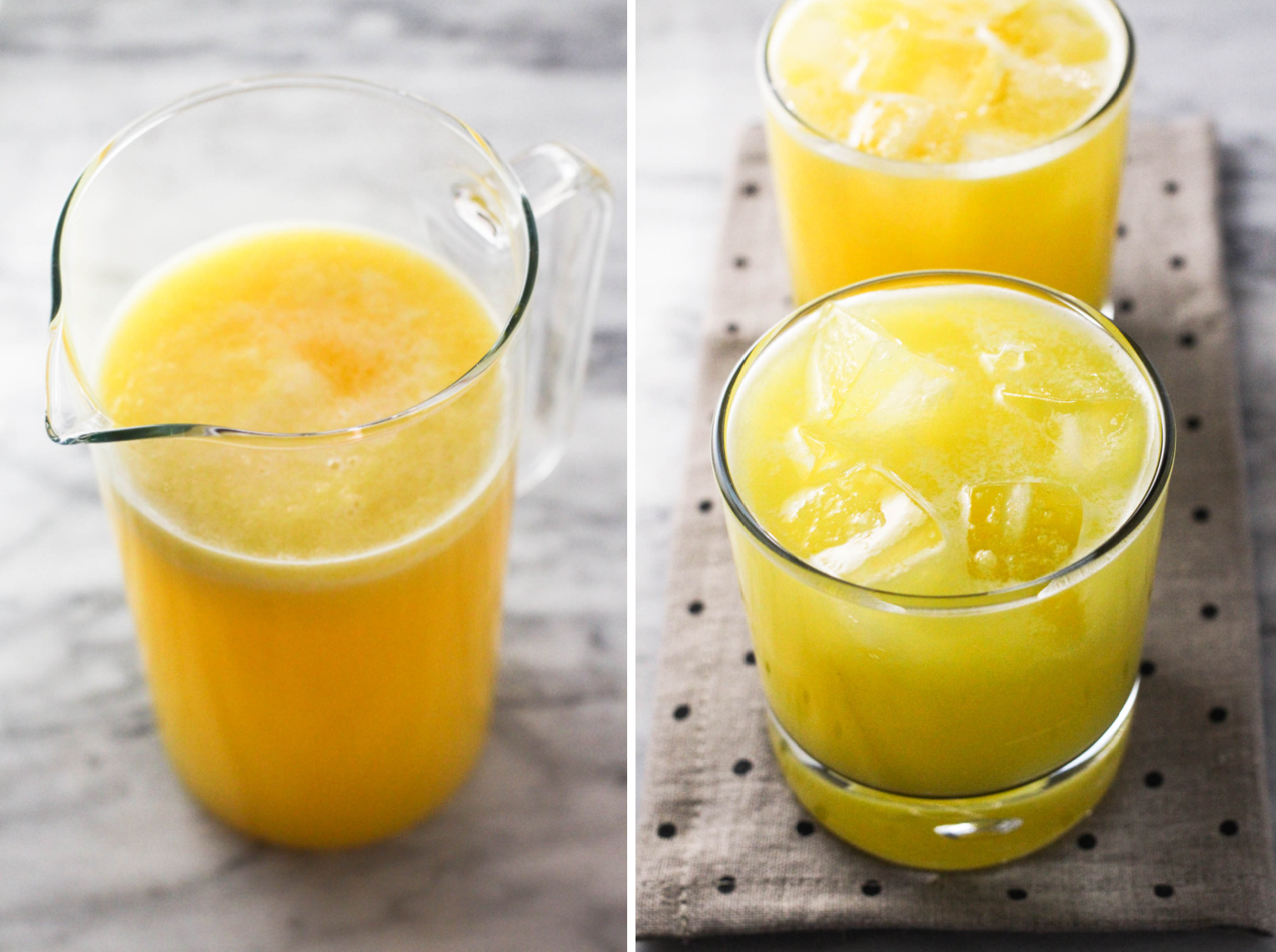 Two side-by-side images. On the left image, a glass pitcher with pineapple juice. On the right image, two glasses of pineapple juice on a linen napkin.