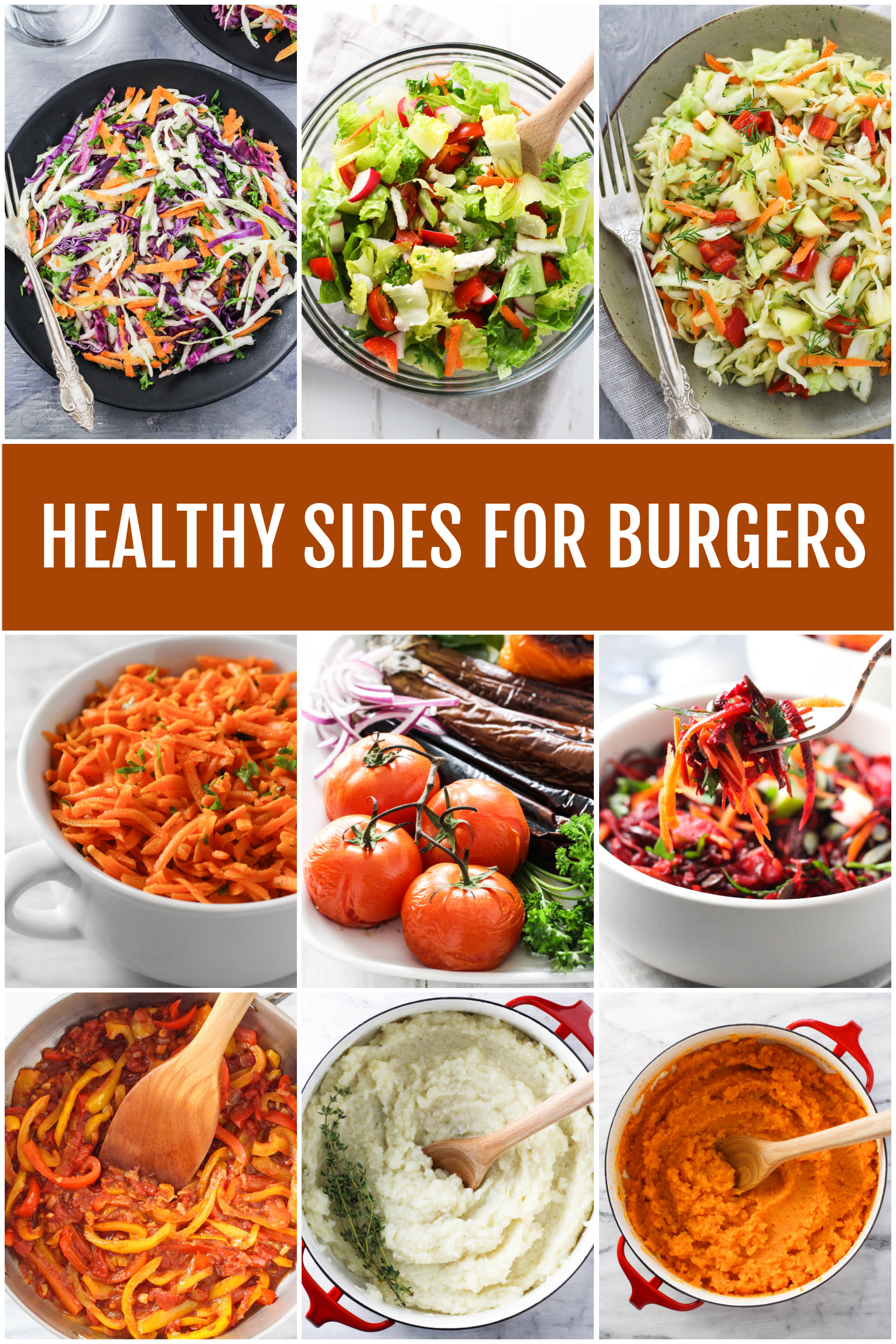 Collage of salads and side dishes for burgers. Text overlay saying: healthy sides for burgers.