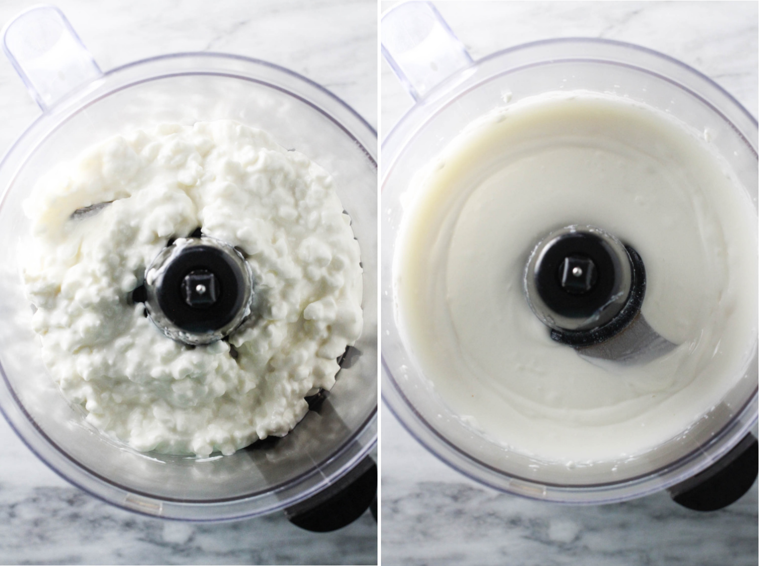 Two side-by-side images. On the left image, there is an overhead shot of cottage cheese inside a bowl of food processor. On the right image, there is an overhead shot of blended cottage cheese inside a bowl of food processor.
