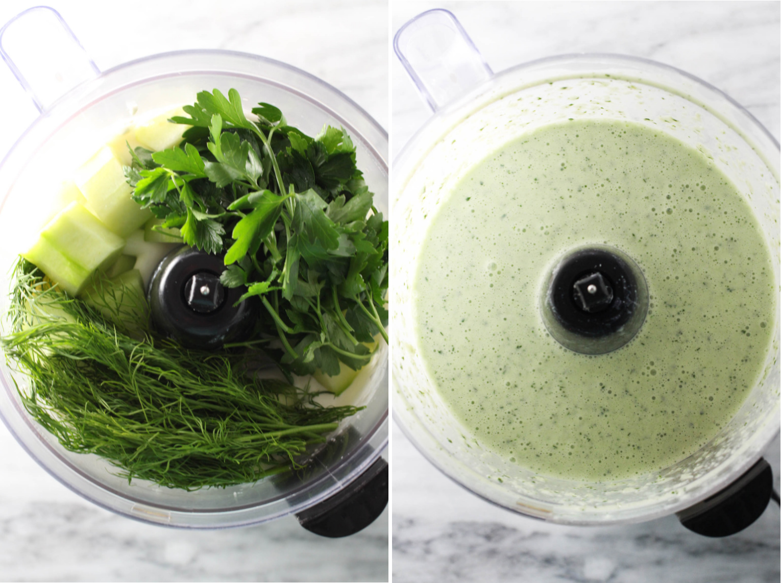 Two side-by-side images. On the left image, there is an overhead shot of cucumbers and herbs inside a bowl of food processor. On the right image, an overhead shot of blended ingredients inside a bowl of food processor.