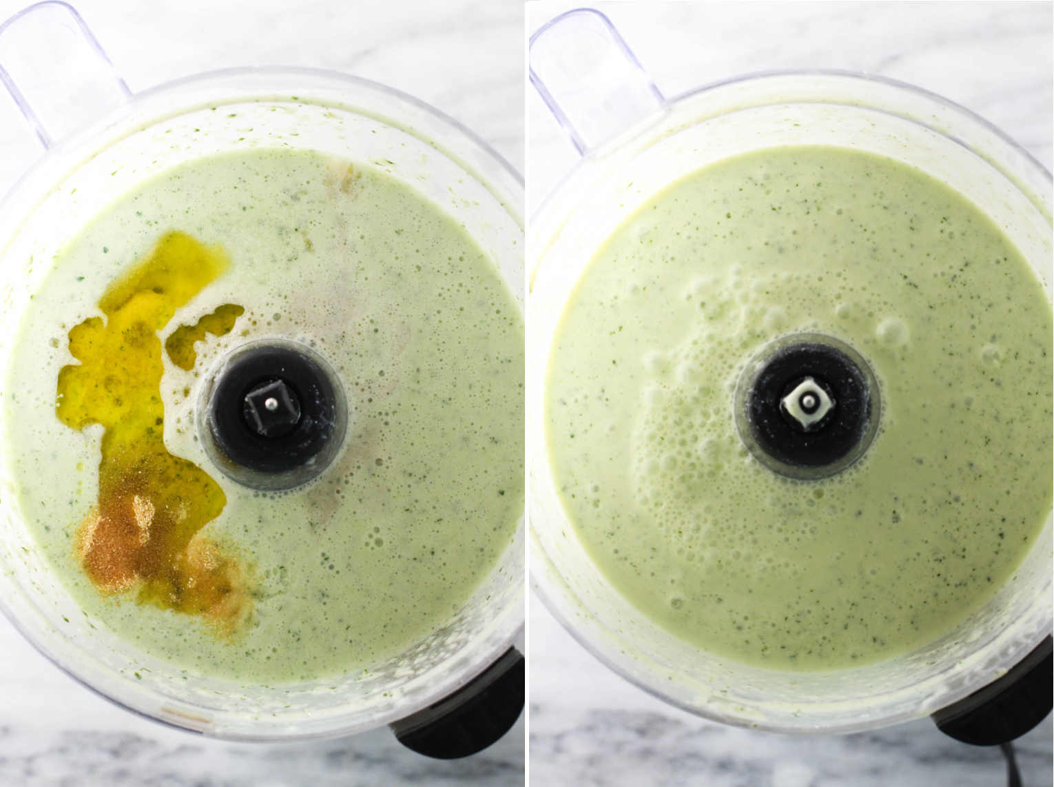 Two side-by-side images. On the left image, there is an overhead shot of cucumber and cottage cheese mixture with the rest of the ingredients. On the right image, an overhead shot of blended ingredients inside a bowl of food processor.