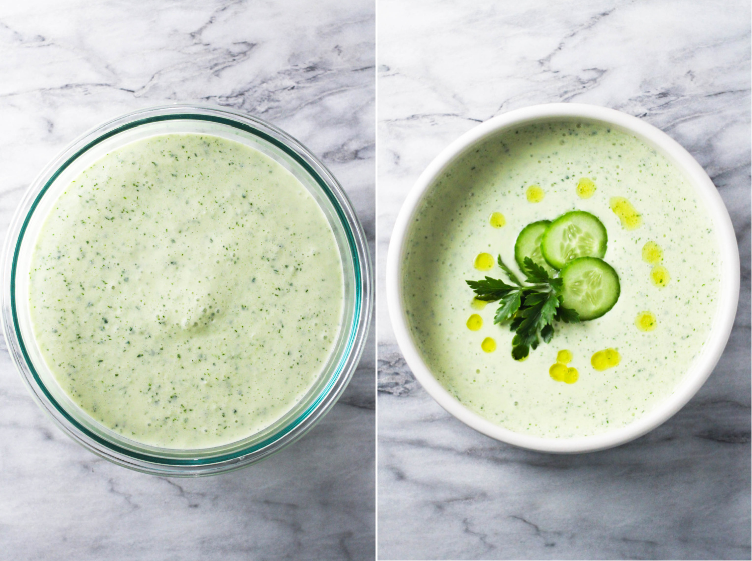 Two side-by-side images. On the left image, there is an overhead shot of the cucumber cottage cheese soup in a glass container. On the right image, an overhead shot of the soup in a bowl with garnishes.