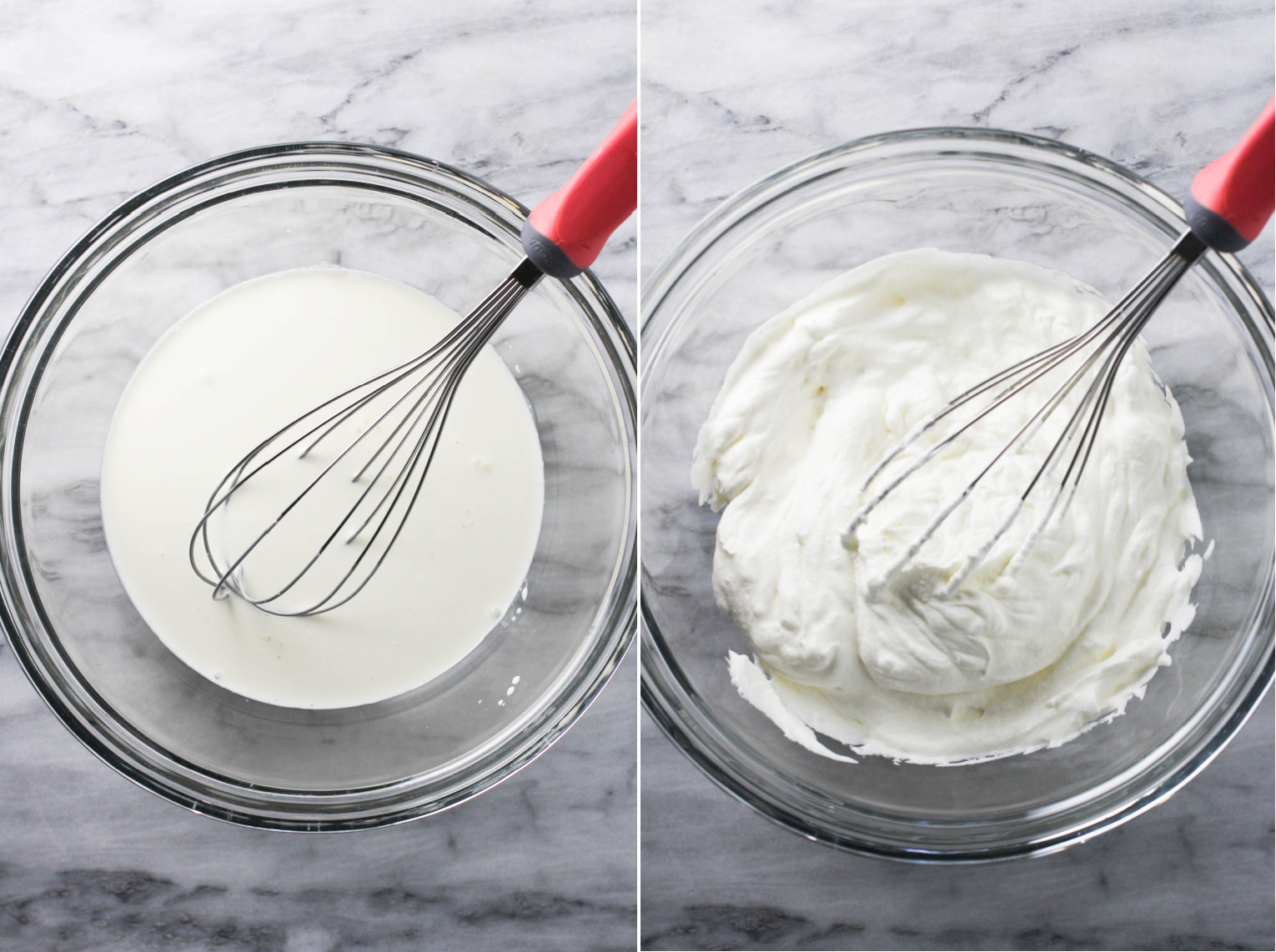 Two images beside each other. On the left image, whipping cream in a glass bowl with a whisk. On the right image, whipped cream in a glass bowl with a whisk.