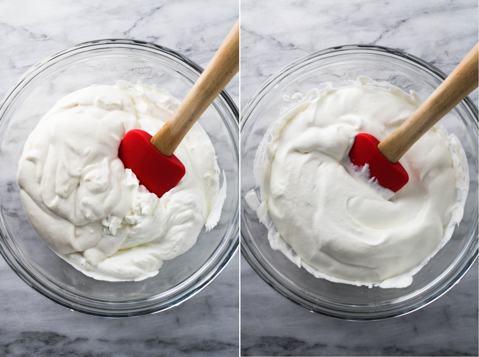 Two images beside each other. On the left image, blended cottage cheese and whipped cream in a bowl with a rubber spatula. On the right image, cottage cheese and whipping cream mixture in a glass bowl with a spatula.