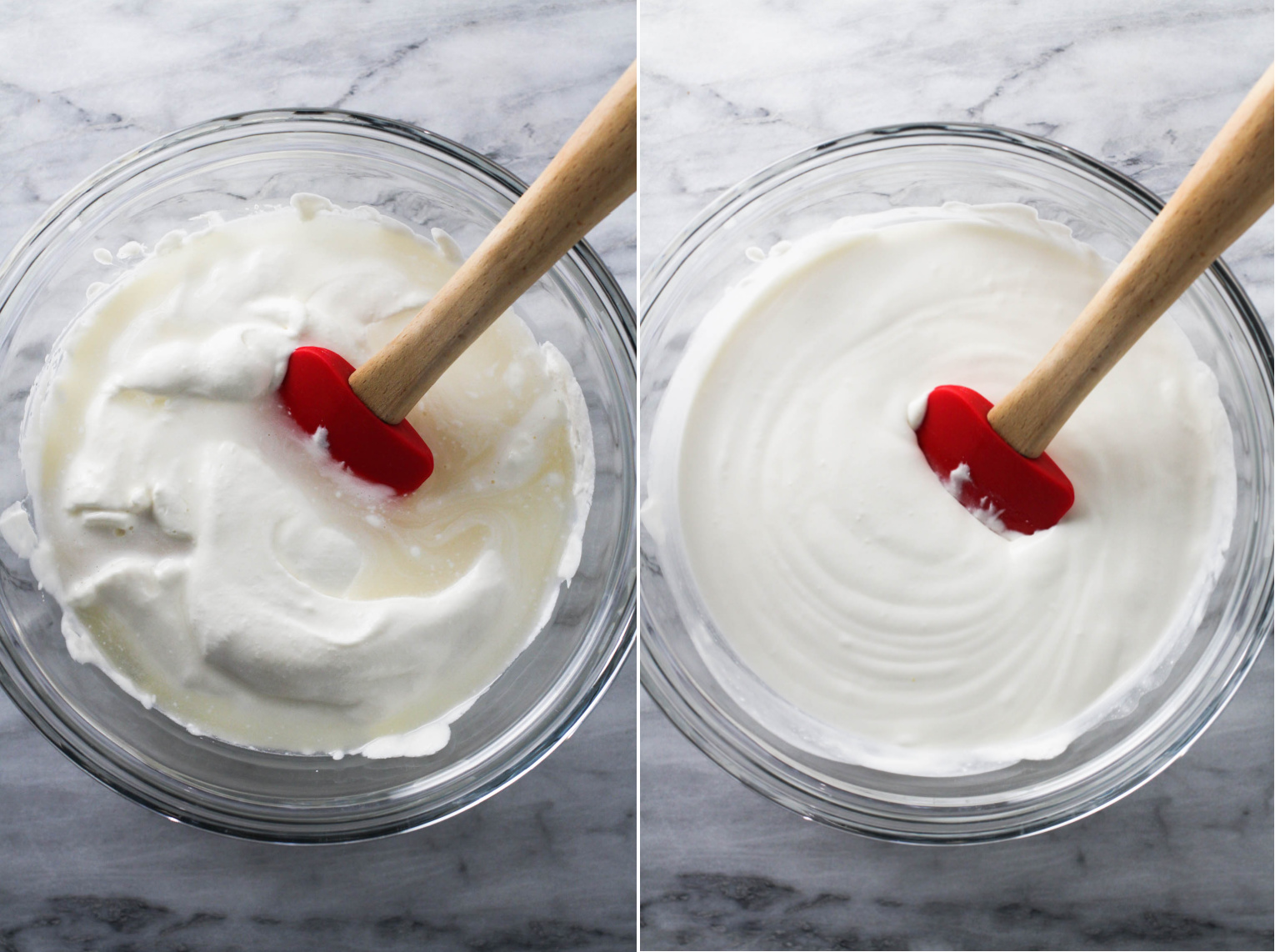Two images beside each other. On the left image, cottage cheese whipped cream mixture and dissolved gelatin in a glass bowl with a spatula. On the right image, smooth mixture in a glass bowl with a spatula.
