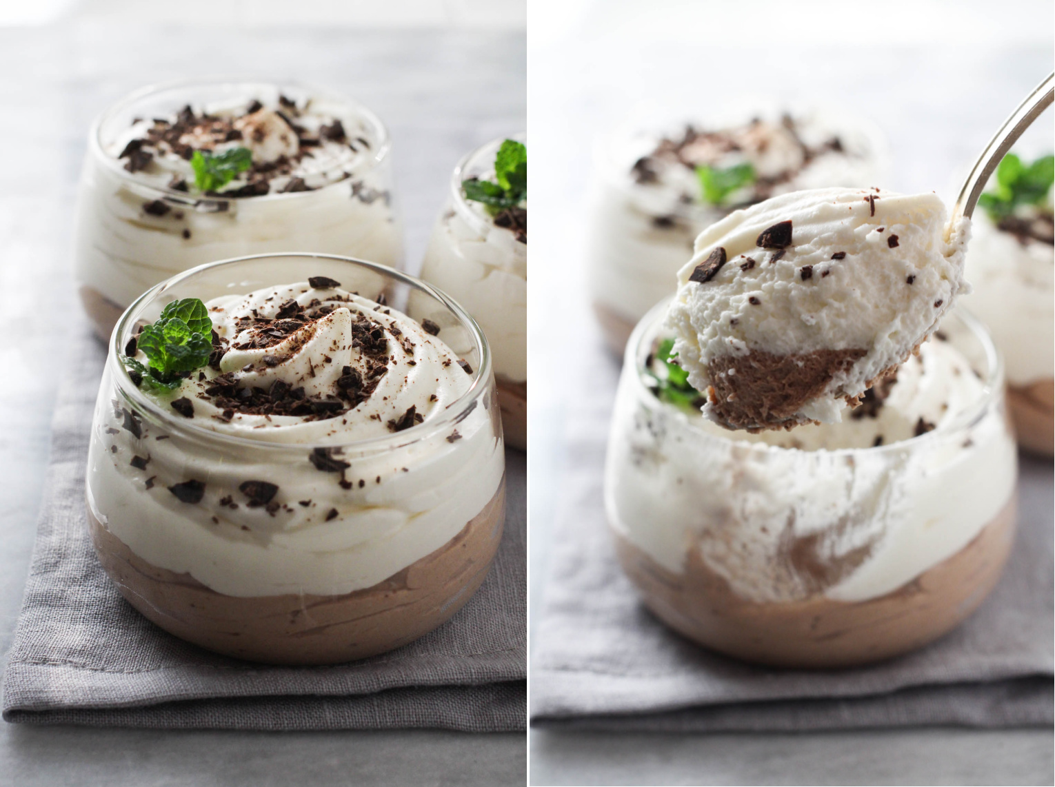 Two images beside each other. On the left image, vanilla and chocolate cottage mousse layered in a dessert glass garnished with chocolate shavings. On the right image, cottage cheese mousse being scooped out with a spoon.