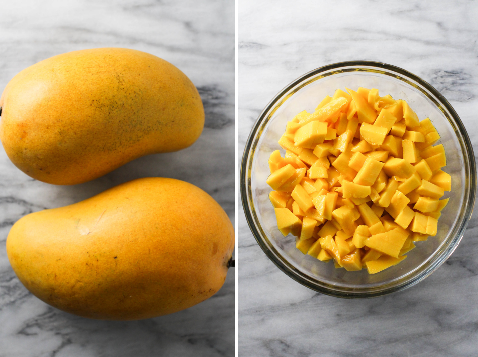 Two mangoes on the left. A bowl with chopped mango on the right.