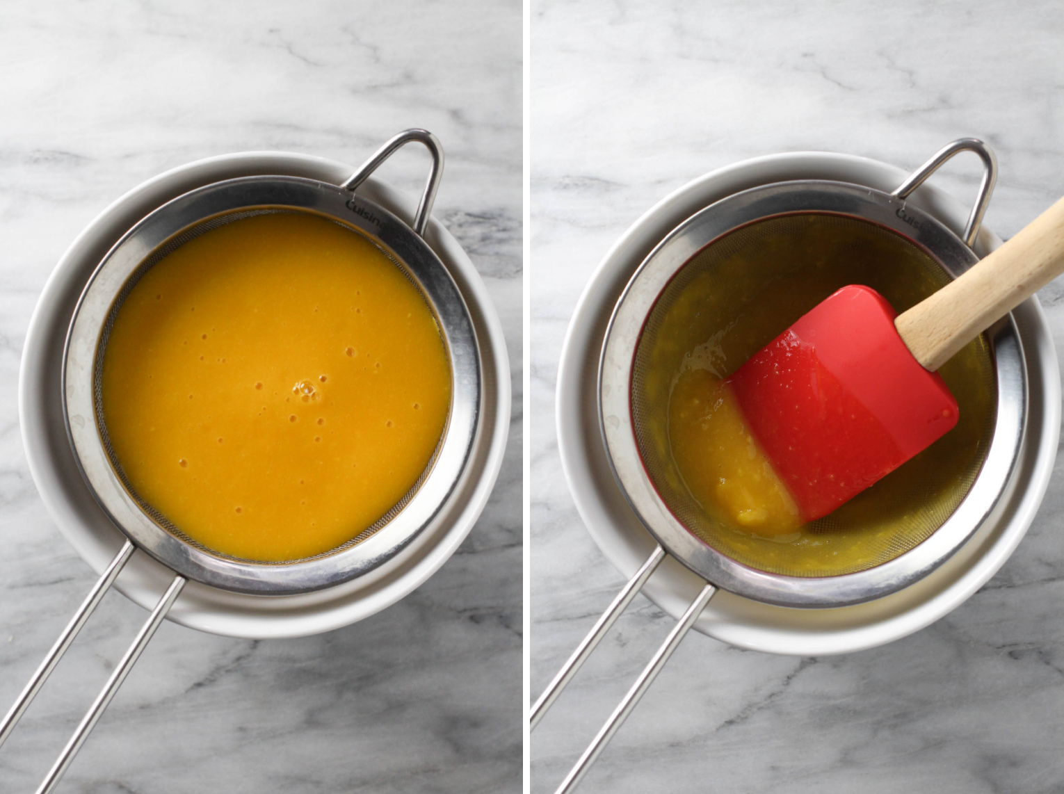 Mango juice being strained through a fine mesh sieve with a rubber spatula.