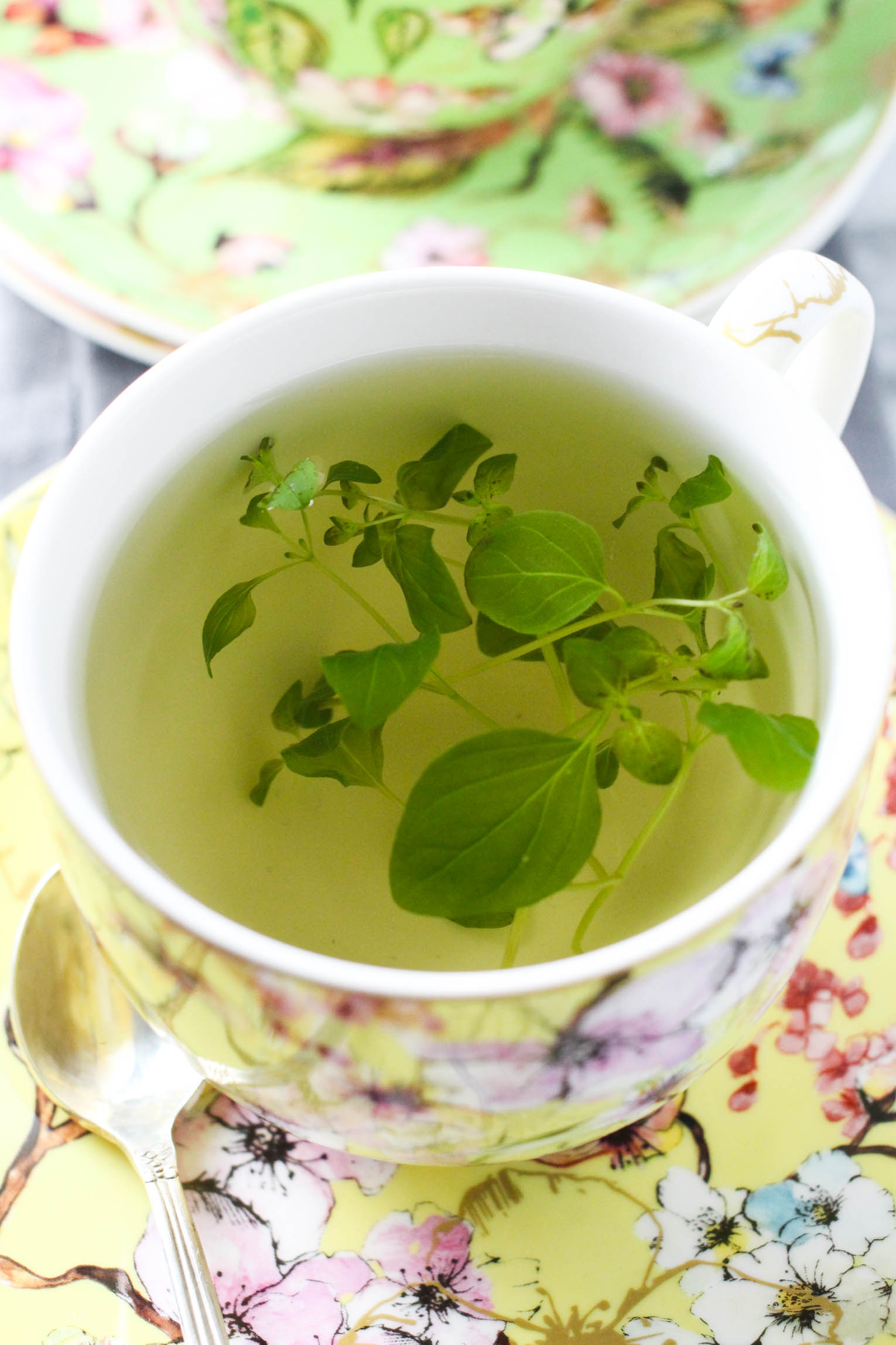 Fresh oregano leaves in a teacup.