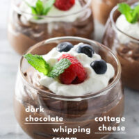 Cottage cheese chocolate mousse in glass bowls. At the top of the image, text overlay saying: 3-ingredient cottage cheese chocolate mousse.