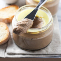 Chicken liver pate in a glass jar with a flat knife on top. Text overlay: chicken liver pate recipe.