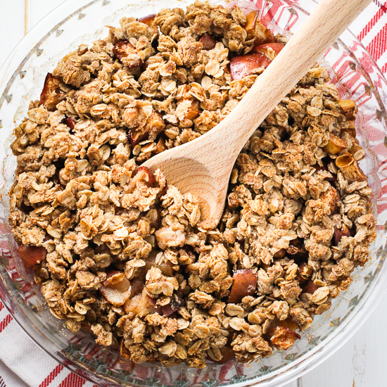 Apple crisp in a baking dish.