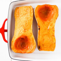 Butternut squash in a baking dish.