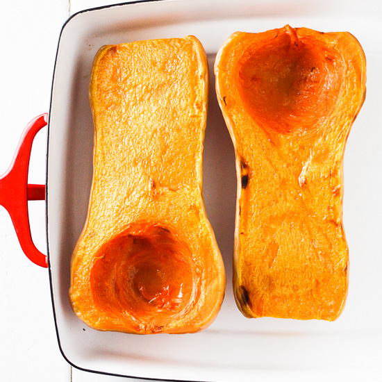 Butternut squash in a baking dish.