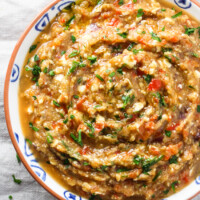 Roasted eggplant and feta dip in a bowl.