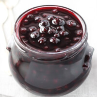 Blueberry sauce in a glass jar.