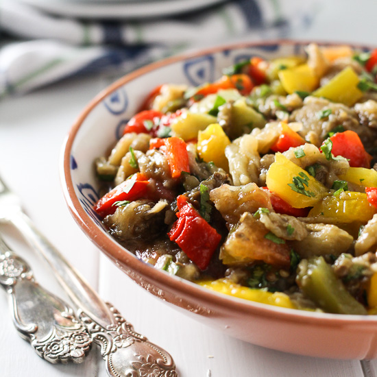Roasted eggplant salad in a bowl.
