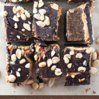 Peanut butter and chocolate prune bars. Below the image, there is a text overlay saying: easy no-bake prune bars recipe.