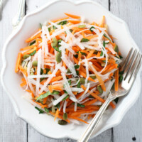 Overhead shot of turnip salad on a plate.