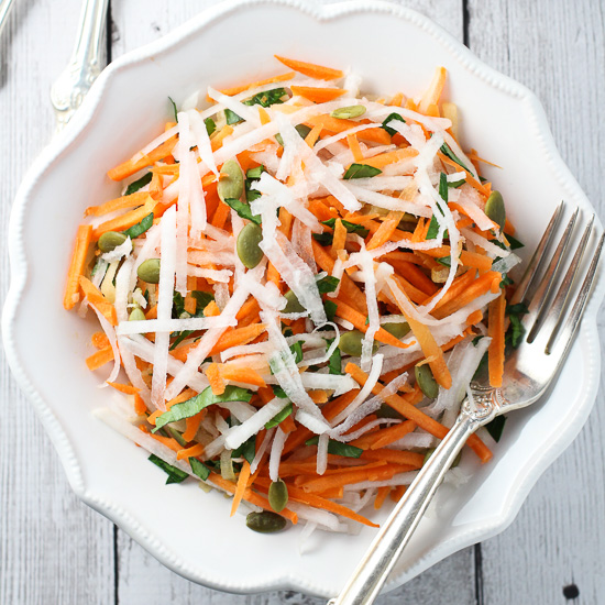 Overhead shot of turnip salad on a plate.