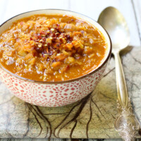 Red lentil soup in a bowl.