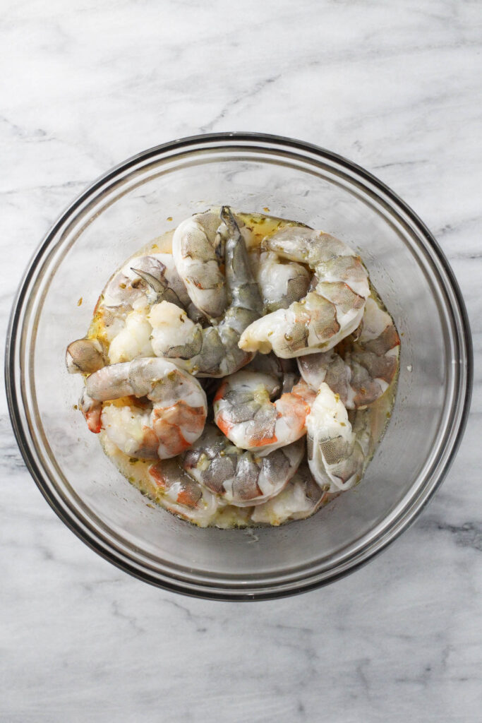 Marinated shrimp in a bowl.